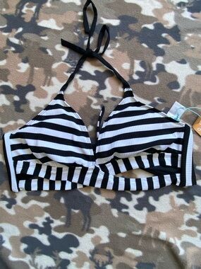 Kona Sol Black & White Striped Faux-Wrap Halter Bikini Top - Size XL (16-18)